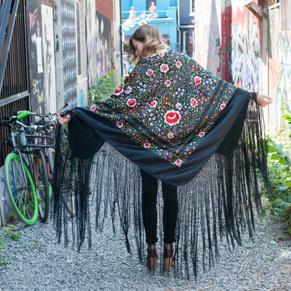 1920's Piano Shawl/ Black Silk Piano Shawl with Floral Embroidery/ 1920's Shawl