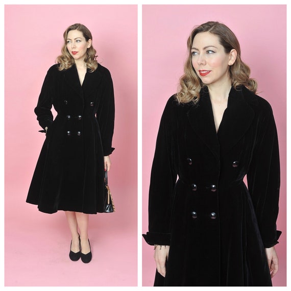 1950s Black Velvet Princess Coat/ 50s Fit and Flar