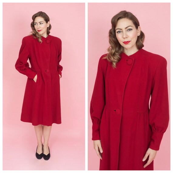 1940s Red Wool Winter Coat with Bishop Sleeves Siz