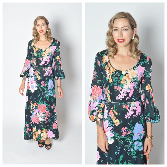1960s Floral Print Maxi Dress with Bishop Sleeves/