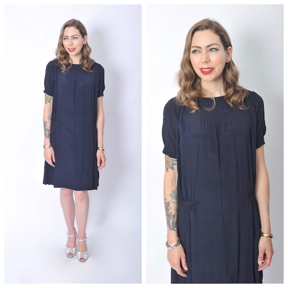Vintage 1920's Navy Blue Day Dress/ 20's Blue Silk