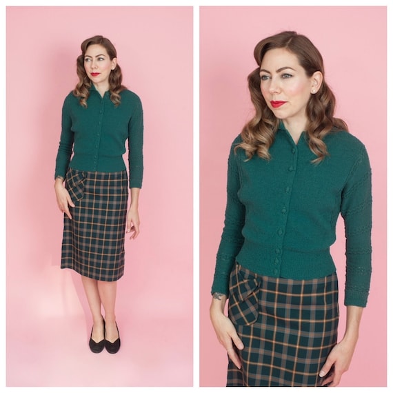 1950s Pine Green Cardigan Sweater/ 50s Lofties Che