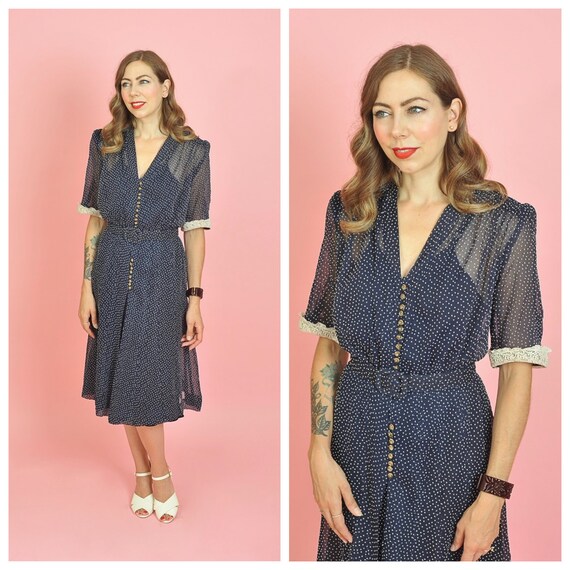 1940s Navy and White Polka Dot Button Front Dress