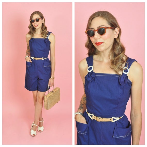 1940's Dark Blue Cotton Playsuit Romper Size Small