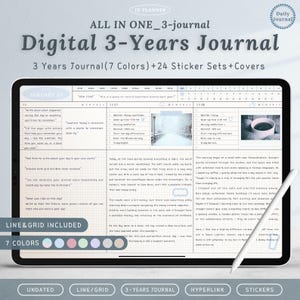 Puede incluir: Un diario digital de 3 años que se muestra en una tableta, con un diseño minimalista. La pantalla muestra un diseño de planificador diario con texto e imágenes. El diario incluye 7 colores, 24 juegos de pegatinas y portadas. El texto en la pantalla dice "Digital 3-Years Journal".