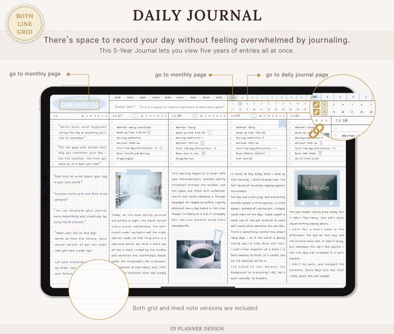 K&ouml;nnte beinhalten: Ein digitales Tagesjournal, das auf einem Tablet-Bildschirm angezeigt wird. Das Journal verf&uuml;gt &uuml;ber ein Rasterlayout mit Platz f&uuml;r t&auml;gliche Eintr&auml;ge, einschlie&szlig;lich Eingabeaufforderungen und Bildern. Der Text "DAILY JOURNAL" steht oben. Das Journal enth&auml;lt beide Versionen.