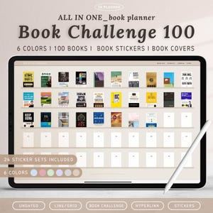 May include: A digital book planner on a tablet, featuring the text "Book Challenge 100". The planner includes book covers, stickers, and color options. The screen displays a grid with book titles and a stylus.