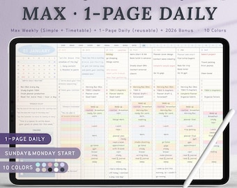 Puede incluir: Una tableta digital que muestra una plantilla de planificador diario para 2027 con diseño de cuadrícula, horario y listas de tareas. La pantalla muestra el texto 2027 Digital Planner, Max 1-Page Daily y 10 Colors. Un lápiz óptico blanco descansa sobre la pantalla.