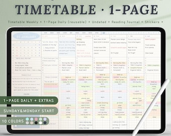 2027 All-in-One Planner, Timetable Weekly + 1-Page Daily, Undated Planner, Reading Journal & Stickers, GoodNotes iPad, 10 Colors