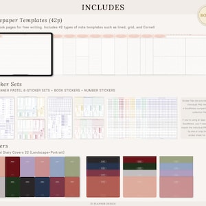 K&ouml;nnte beinhalten: Inhalte des digitalen Planers, einschlie&szlig;lich Notizpapier-Vorlagen, Aufkleber-Sets und Journal-Titel. Die Notizpapier-Vorlagen umfassen linierte, Raster- und Cornell-Stile. Die Aufkleber-Sets verf&uuml;gen &uuml;ber Pastell-Designs und Buchaufkleber. Journal-Titel sind im Quer- und Hochformat erh&auml;ltlich.