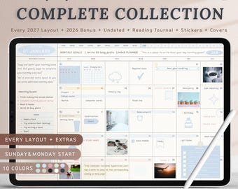 May include: A digital tablet displaying a monthly planner interface with a light blue and white color scheme. The screen shows a calendar grid for January with text, icons, and photo inserts. A white stylus rests on the bottom right corner.