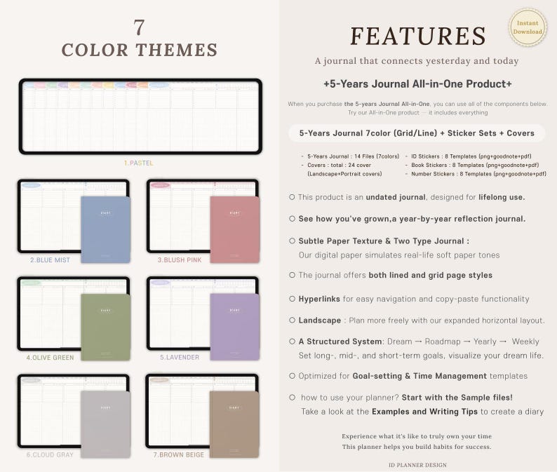 K&ouml;nnte beinhalten: Digitaler Planer mit sieben Farbthemen: Pastell, Blaumist, Blush Pink, Olivgr&uuml;n, Lavendel, Wolkengrau und Braunbeige. Enth&auml;lt Raster- und Linienseiten, Aufkleber-Sets und Cover. Der Planer ist f&uuml;r das Zeitmanagement konzipiert.
