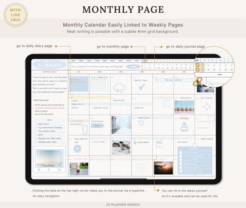 K&ouml;nnte beinhalten: Ein digitaler Monatsplaner, der auf einem Tablet angezeigt wird. Der Planer hat ein Rasterlayout mit Abschnitten f&uuml;r t&auml;gliche Eintr&auml;ge, Ziele und Notizen. Der Text "MONTHLY PAGE" steht oben, mit Anweisungen und "ID PLANNER DESIGN" unten.