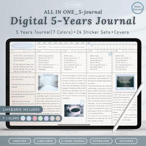 May include: A digital 5-year journal displayed on a tablet, featuring a daily layout with sections for notes and scheduling. The screen shows a January 2nd entry with text and a photo. Includes 7 colors, line and grid options, and sticker sets.