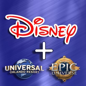 May include: A red Disney logo with a white plus sign below it. Below the plus sign are two logos: a blue Universal Orlando Resort logo and a gold Universal Epic Universe logo.