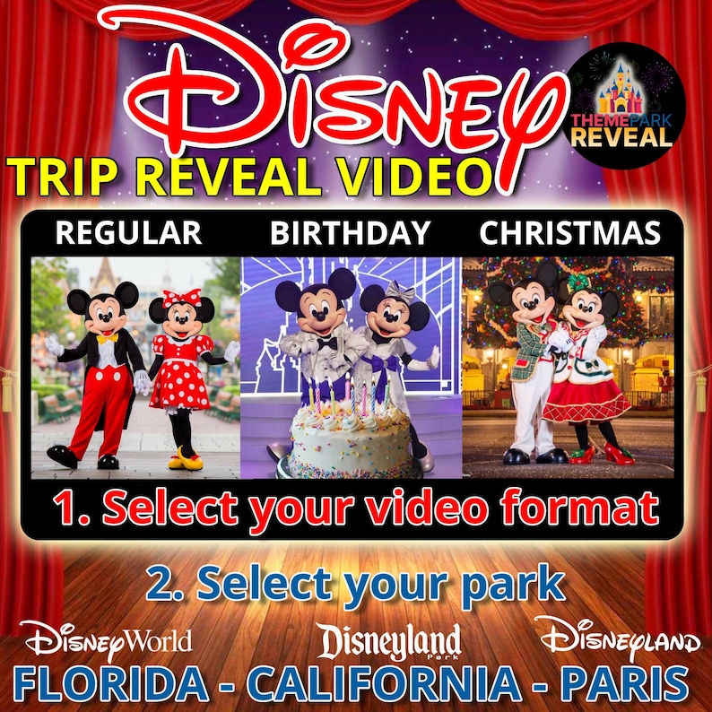 Picking the Perfect Video is so simple.  Step1: Select between Regular, Birthday or Christmas Trip.  Step2:Select your Park - DisneyWorld (Florida), DisneyLand (California) or DisneyLand (Paris)