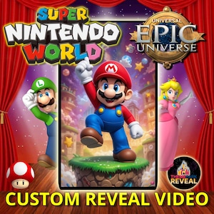 Op de afbeelding: Een aangepaste onthullingsvideo voor Super Nintendo World in het Universal Epic Universe pretpark. De video toont Mario, Luigi en Peach voor een rood gordijn. De video speelt zich af tegen een achtergrond van een kleurrijke, fantasierijke wereld.