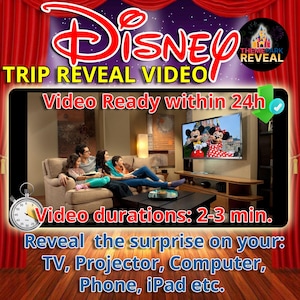 Videos are ready within 24 hours.  Videos last from between 2 and 3 minutes.  Reveal the surprise on your TV, Projector, Computer, Phone, iPad etc.