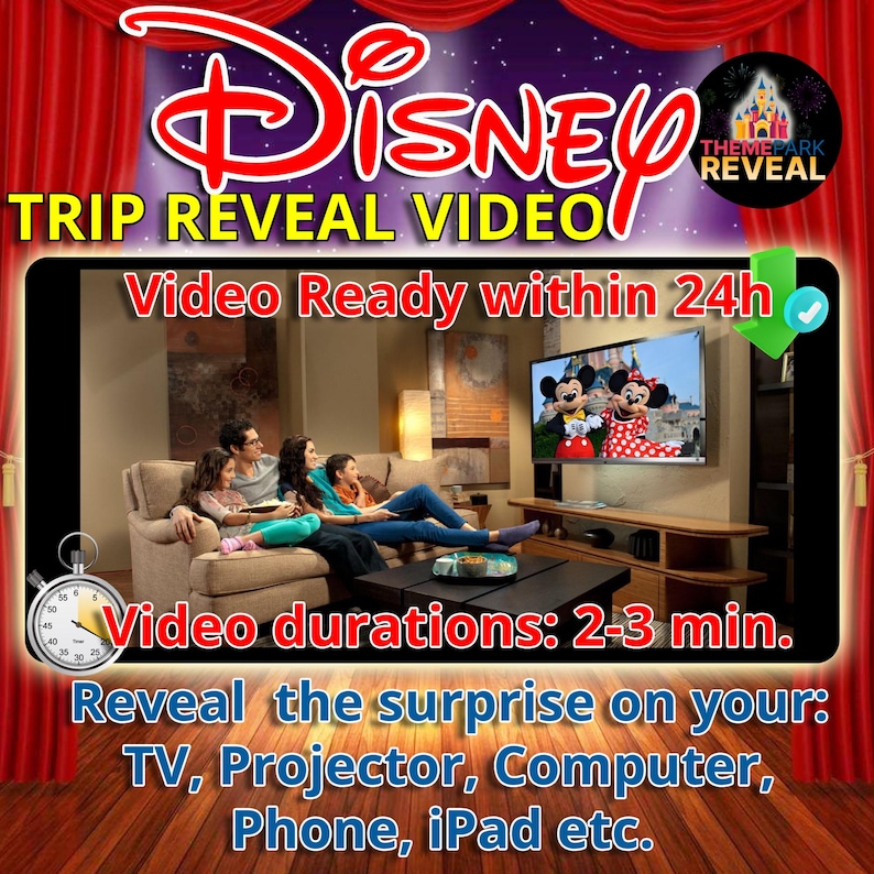 Videos are ready within 24 hours.  Videos last from between 2 and 3 minutes.  Reveal the surprise on your TV, Projector, Computer, Phone, iPad etc.