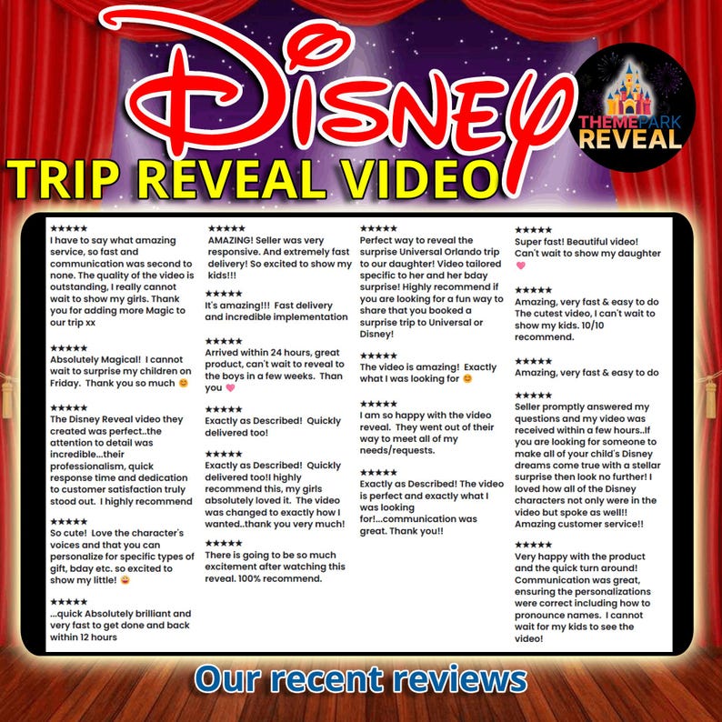 May include: A collage of customer reviews for a Disney trip reveal video service. The reviews highlight the fast delivery, personalized videos, and positive customer experiences. The text includes phrases like "Absolutely Magical!" and "Amazing, very fast & easy to do".