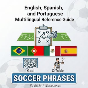 May include: A multilingual reference guide for soccer phrases in English, Spanish, and Portuguese. The image includes a clipboard with a play diagram, flags, and illustrations of a goal and an offside call. The text reads "SOCCER PHRASES".