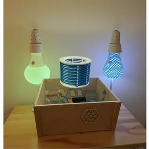 Puede incluir: Una caja de madera con componentes electrónicos, una bobina azul y dos lámparas con forma de bombilla. Una lámpara brilla en verde, la otra en azul. Las lámparas tienen un diseño perforado y están montadas en la pared.