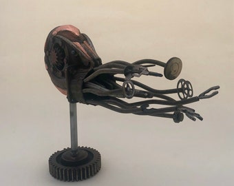 Steampunk Nautilus Sculpture: Salvaged Metal Sea Creature Art