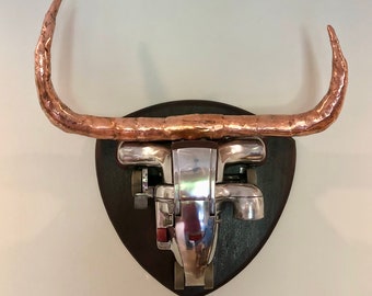 Kirby the Bull: Biomechanical Bull Head Sculpture with Copper Horns