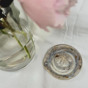Puede incluir: Un jarrón de cristal transparente con tallos verdes y una flor rosa está junto a un plato de cerámica pequeño y redondo. El plato tiene un diseño de estrella en el centro y es principalmente beige con acentos azules y marrones.