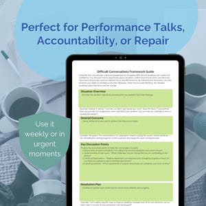Peut inclure: Une tablette num&eacute;rique affichant un guide de cadre pour conversations difficiles avec des sections pour Situation Overview, Desired Outcome, Key Discussion Points et Resolution Plan. Des textes superpos&eacute;s indiquent Perfect for Performance Talks, Accountability, or Repair et Use it weekly or in urgent moments.