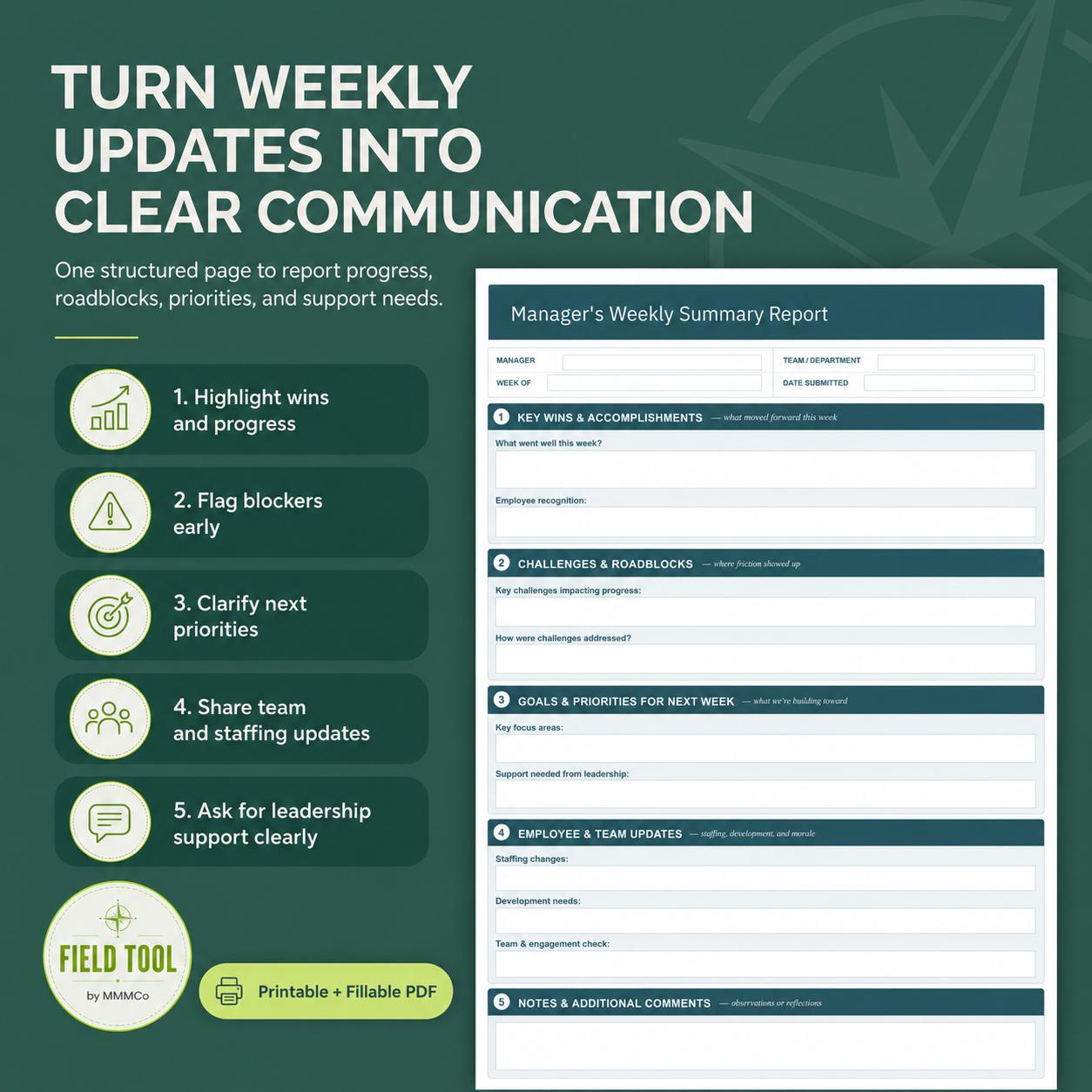 Updates Printable Weekly Status Report Template — Manager Upward Updates (printable PDF ...