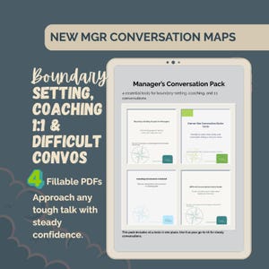 May include: A digital tablet displaying the Manager's Conversation Pack, featuring four fillable PDF tools for boundary-setting, coaching, and 1:1 conversations. The screen shows four document previews with compass icons and text on a dark blue background.