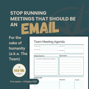 Puede incluir: Una plantilla de agenda de reunión de equipo en formato PDF imprimible y rellenable. El documento incluye secciones para fecha, hora, ubicación, facilitador, asistentes, objetivos de la reunión, puntos de la agenda y planes de acción.