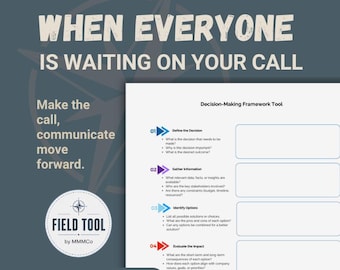 May include: A printable and fillable PDF decision-making framework tool featuring five numbered steps with prompts for defining decisions, gathering information, identifying options, evaluating impact, and making decisions, with blank text boxes.