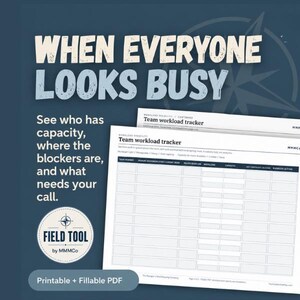 May include: A printable and fillable PDF team workload tracker document with a dark blue background. The text reads: WHEN EVERYONE LOOKS BUSY, See who has capacity, where the blockers are, and what needs your call. FIELD TOOL by MMMCo.