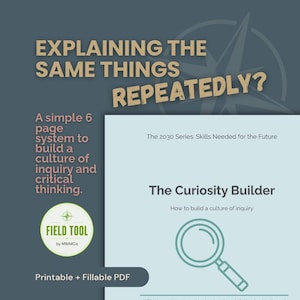 May include: A digital document titled The Curiosity Builder, part of The 2030 Series: Skills Needed for the Future. The text reads Explaining the same things repeatedly? A simple 6 page system to build a culture of inquiry and critical thinking.
