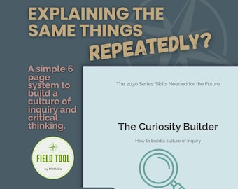 May include: A digital document titled The Curiosity Builder, part of The 2030 Series: Skills Needed for the Future. The text reads Explaining the same things repeatedly? A simple 6 page system to build a culture of inquiry and critical thinking.