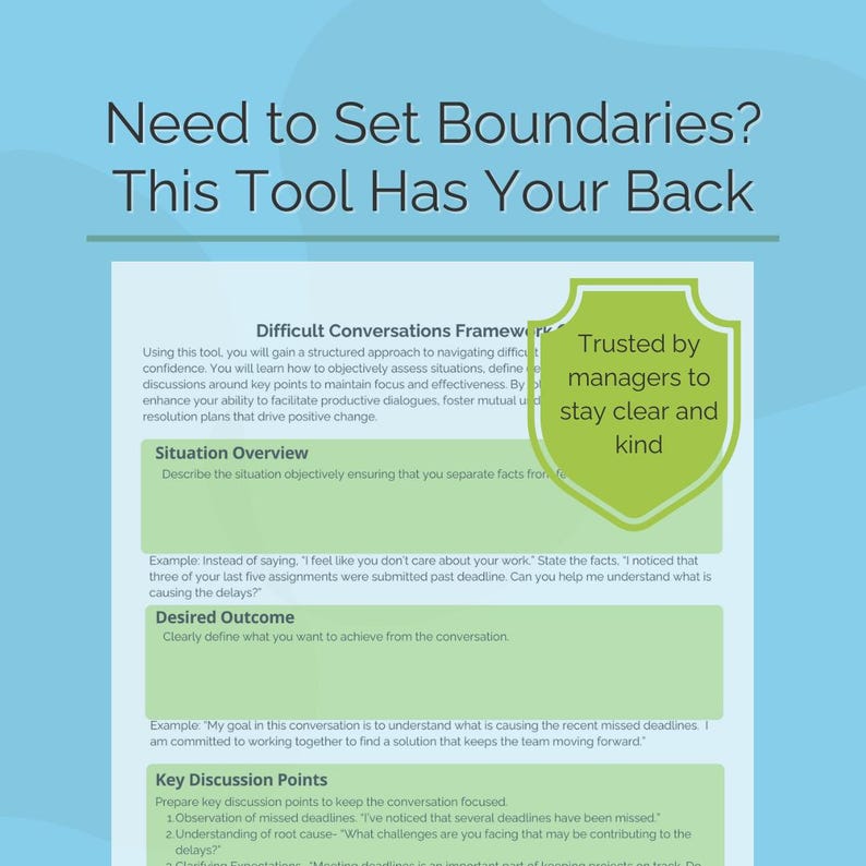 Peut inclure: Un document intitul&eacute; Difficult Conversations Framework avec des sections pour Situation Overview, Desired Outcome et Key Discussion Points. Un bouclier vert clair recouvre le texte, indiquant Trusted by managers to stay clear and kind. L'en-t&ecirc;te indique Need to Set Boundaries? This Tool Has Your Back.