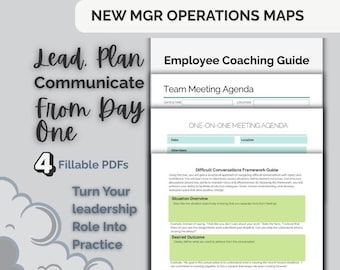 以下が含まれることがあります： New MGR Operations Mapsというタイトルの4つの記入可能なPDF管理ドキュメントセット。ドキュメントには、従業員コーチングガイド、チームミーティングアジェンダ、1対1のミーティングアジェンダ、および緑色のセクションがある難しい会話のフレームワークガイドが含まれています。