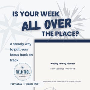 May include: A digital Weekly Priority Planner document featuring the text IS YOUR WEEK ALL OVER THE PLACE? and A steady way to pull your focus back on track. The page includes the title Weekly Priority Planner, From Scattered to Focused, and Printable + Fillable PDF.