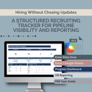 Könnte beinhalten: Ein Computermonitor zeigt ein Rekrutierungspipeline-Dashboard mit Daten. Das Bild enthält Text: "Hiring Without Chasing Updates" und "A Structured Recruiting Tracker for Pipeline Visibility and Reporting." Zusätzlicher Text enthält "Enter Data Once" und "Excel + Google Sheets."