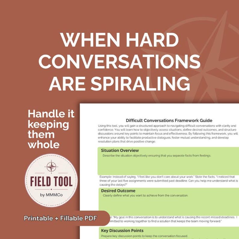 Peut inclure: Un document PDF imprimable et remplissable intitul&eacute; Difficult Conversations Framework Guide sur un fond terre cuite. Le texte indique WHEN HARD CONVERSATIONS ARE SPIRALING, Handle it keeping them whole, et inclut un logo FIELD TOOL by MMMCo.