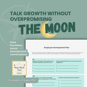 May include: A printable and fillable PDF employee development plan template on a sage green background. The text reads: TALK GROWTH WITHOUT OVERPROMISING THE MOON, Have boundary-aware development conversations, Map-Made Tool MMMCo, and Employee Development Plan.