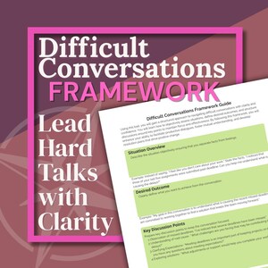 Peut inclure: Un guide Difficult Conversations Framework imprim&eacute; sur papier blanc avec des sections surlign&eacute;es en vert, pr&eacute;sentant du texte sur la situation, les r&eacute;sultats souhait&eacute;s et les points de discussion, sur un fond violet fonc&eacute;.