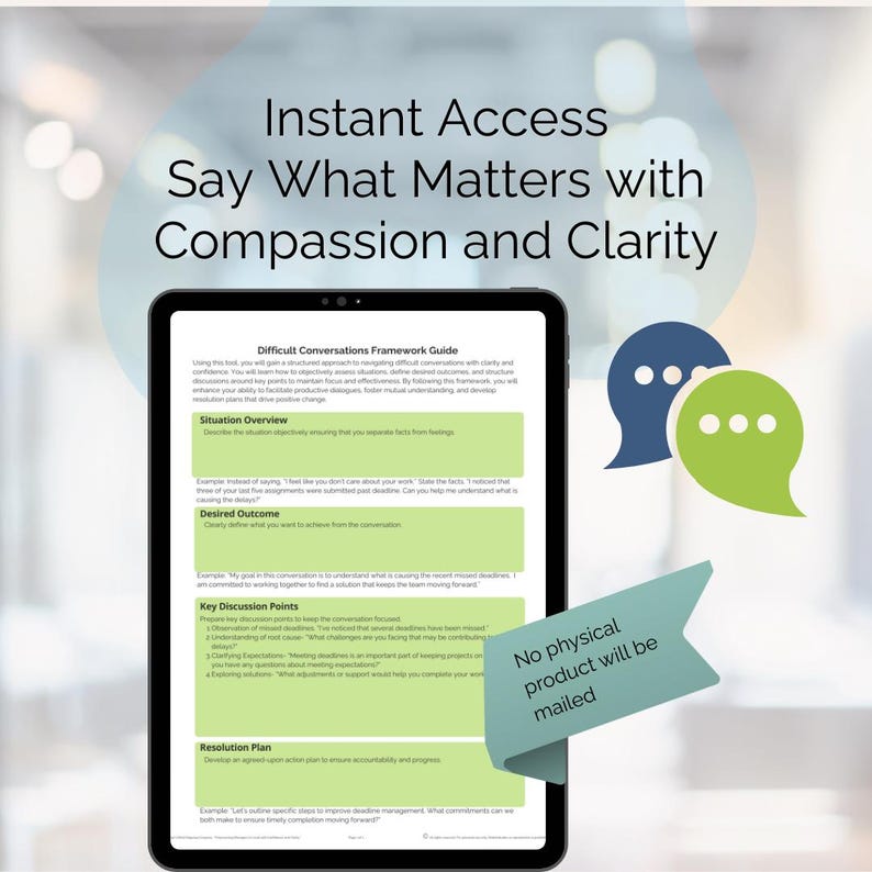 Peut inclure: Une tablette num&eacute;rique affiche un guide de cadre pour les conversations difficiles avec des sections pour la situation, les r&eacute;sultats souhait&eacute;s, les points cl&eacute;s et le plan de r&eacute;solution. Le texte indique Instant Access Say What Matters with Compassion and Clarity.