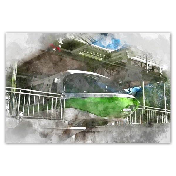 Disney decor, green monorail, watercolor, Disneyworld photography, monorail pictures, Giclée print on sustainable hemp fine art paper