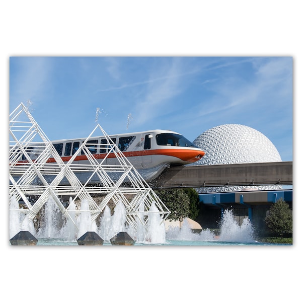 Disney monorail picture, EPCOT photos, Spaceship Earth, Disneyworld, Imagination fountains, Giclée print on 100% cotton fine art art paper