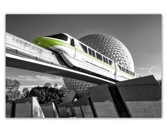 Disney monorail photo, EPCOT photography, Spaceship Earth, lime green, Disneyworld pictures, Giclée print on 100% cotton fine art paper