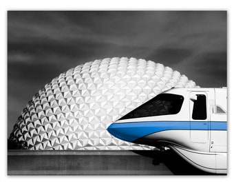 Disney decor, blue monorail photo, EPCOT Spaceship Earth, Disneyworld pictures, black and white, Giclée print on 100% cotton fine art paper