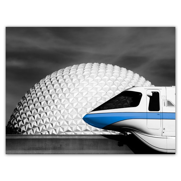 Disney decor, blue monorail photo, EPCOT Spaceship Earth, Disneyworld pictures, black and white, Giclée print on 100% cotton fine art paper